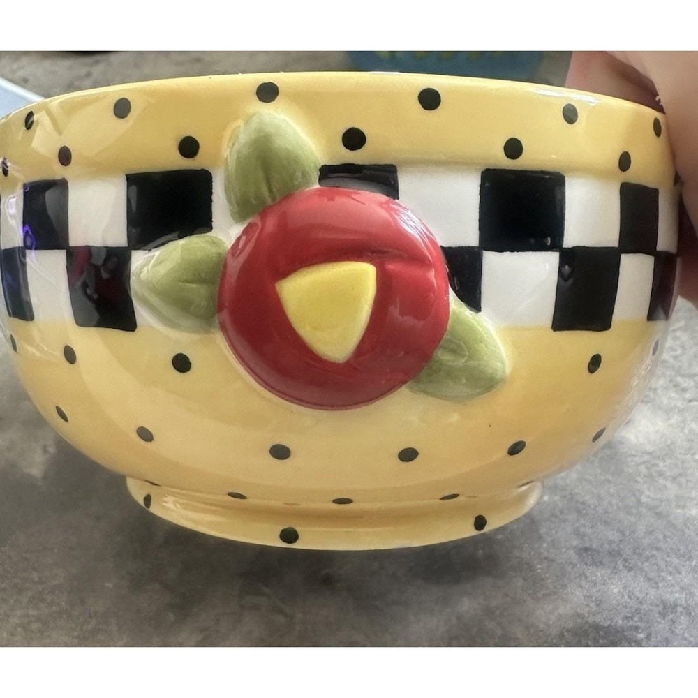 Mary Engelbreit Michel & Co 2000 Ceramic Bowl Yellow Polka Dot Checkerboard Cher